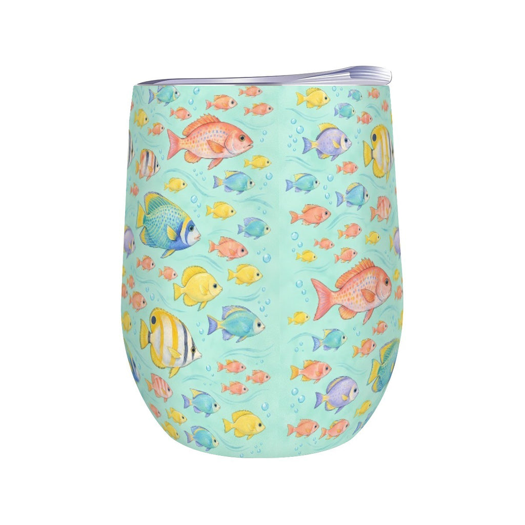 White stemless wine tumbler printed with a repeating pattern of tropical reef fish