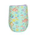 White stemless wine tumbler printed with a repeating pattern of tropical reef fish