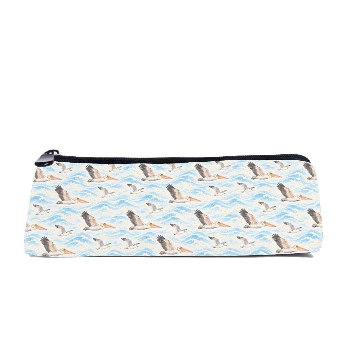 Slim zip pencil case printed with pelicans flying over soft blue waves on cream
