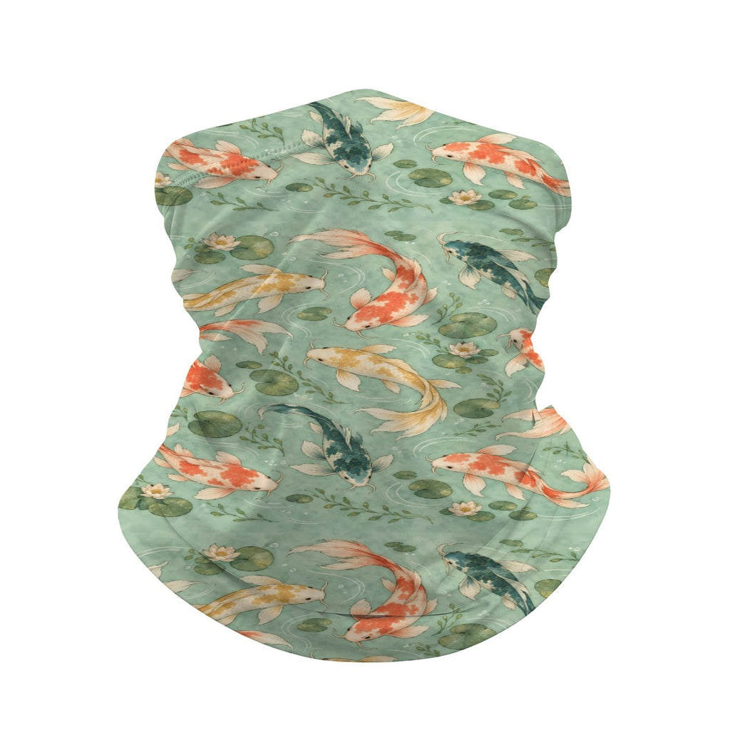Neck gaiter and diving headband with orange, white and black koi fish and lily pads on a sage green pond