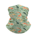 Neck gaiter and diving headband with orange, white and black koi fish and lily pads on a sage green pond