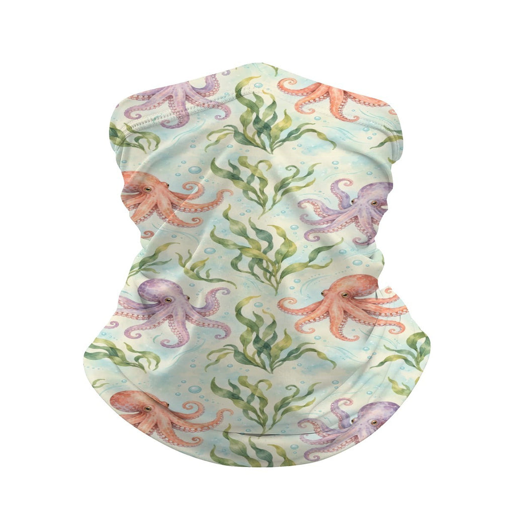 Neck gaiter and diving headband with coral pink and lilac octopuses among green kelp on a pale mint background