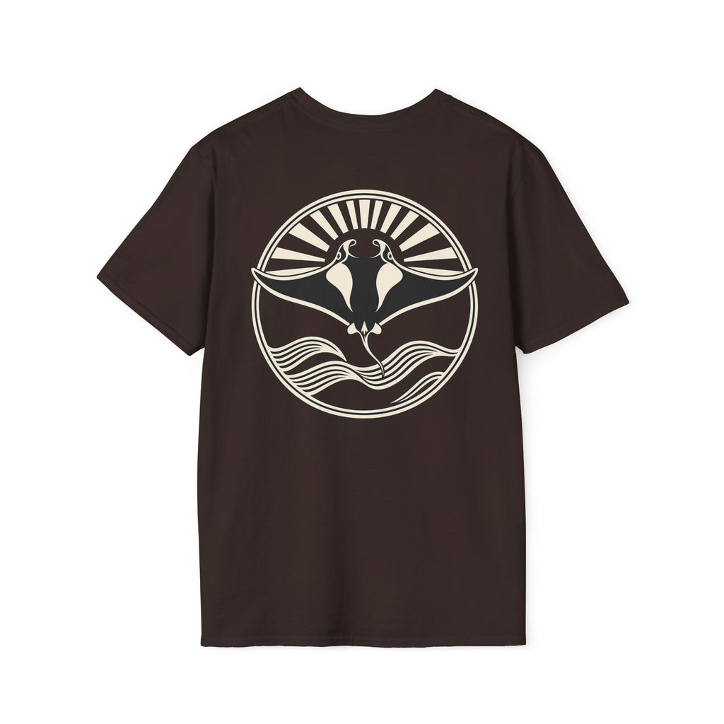 Back of a dark chocolate t-shirt with a large manta ray sunrise badge, laid flat