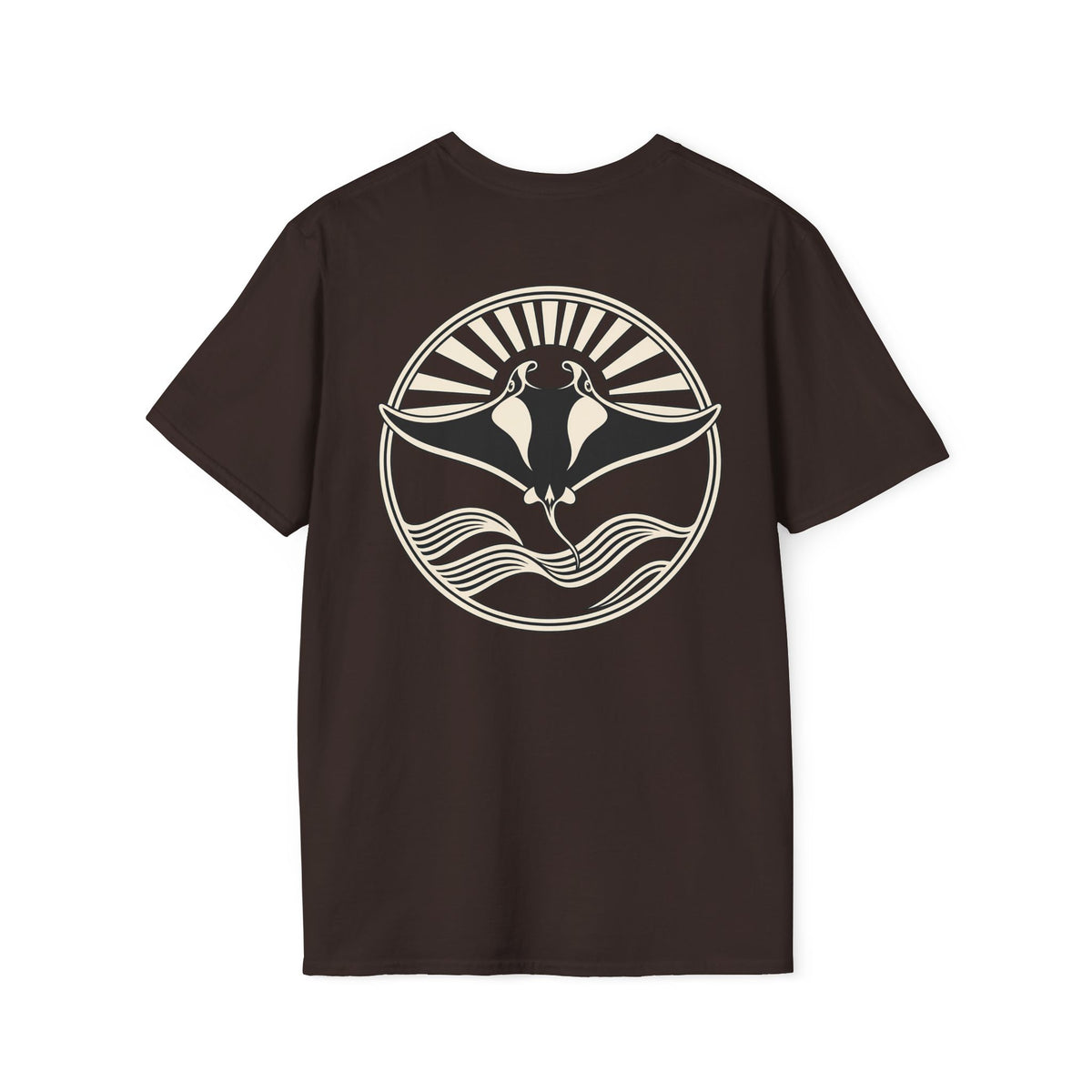 Back of a dark chocolate t-shirt with a large manta ray sunrise badge, laid flat