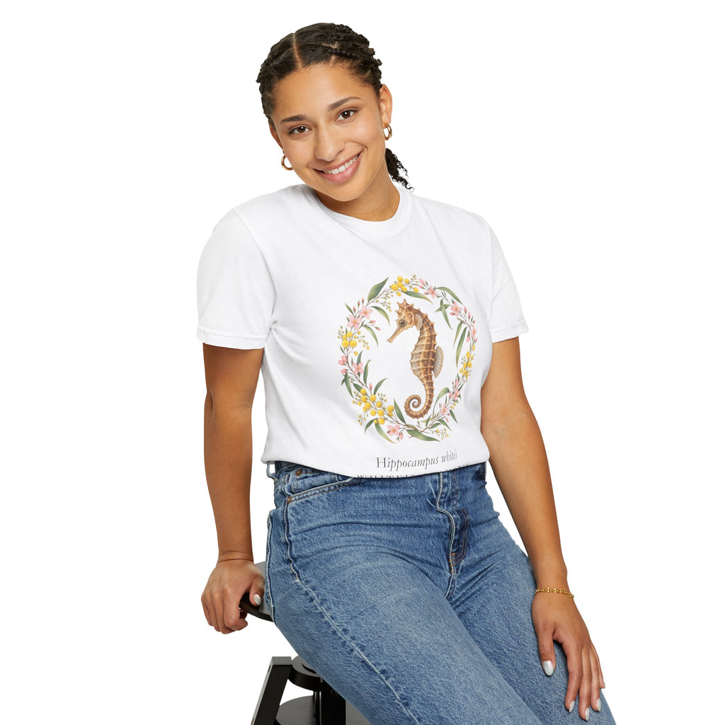 White's Seahorse T-Shirt, Wattle and Native Flower Wreath Tee