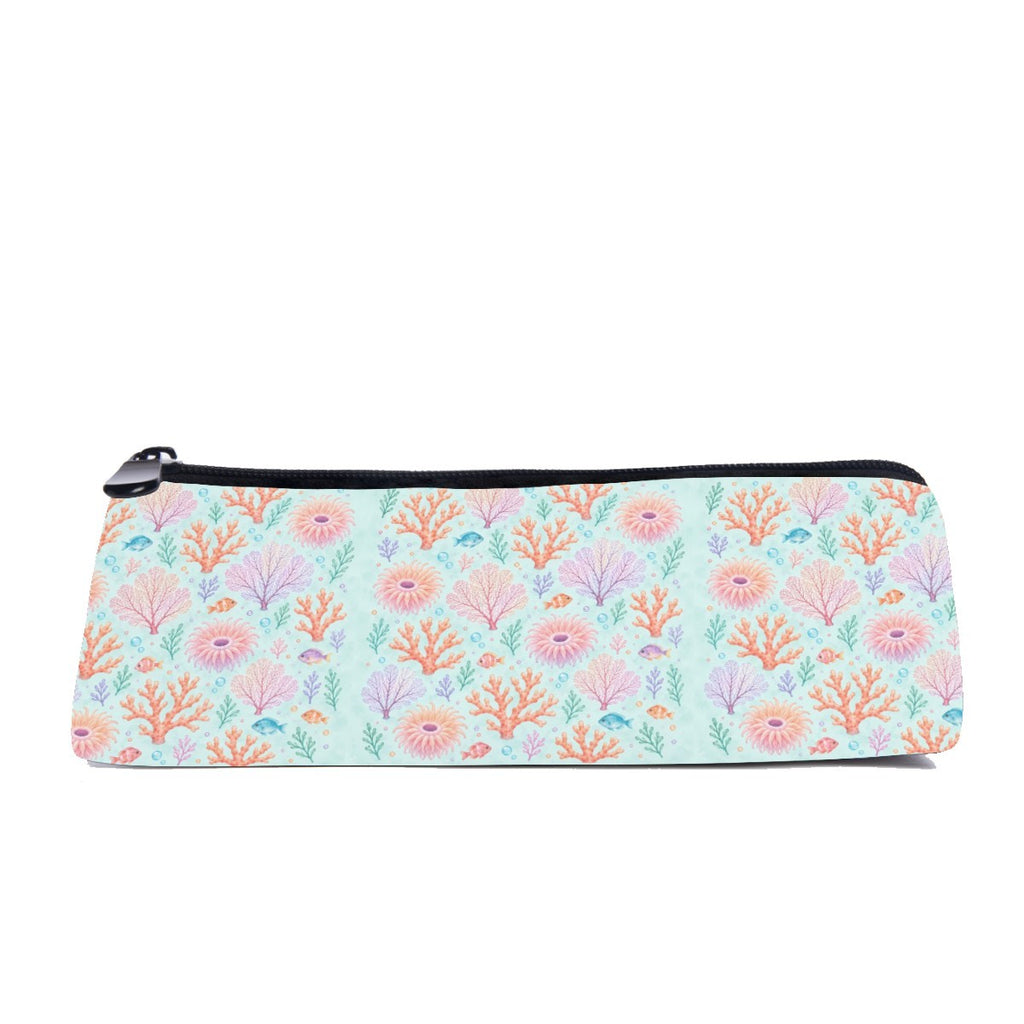 Slim zip pencil case printed with peach coral, lilac sea fans and small fish on pale mint