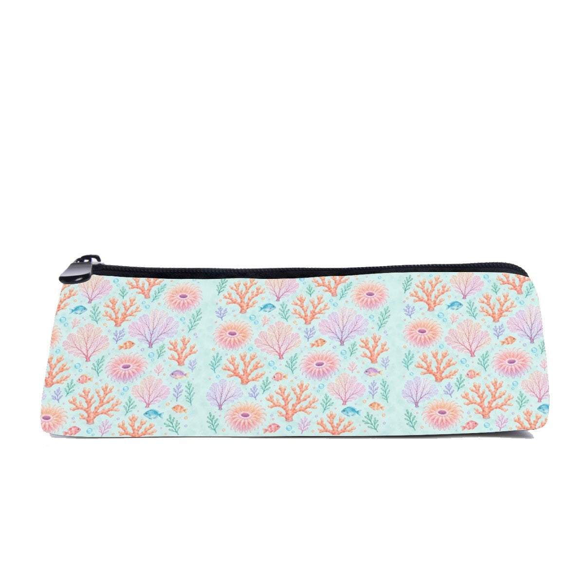 Slim zip pencil case printed with peach coral, lilac sea fans and small fish on pale mint