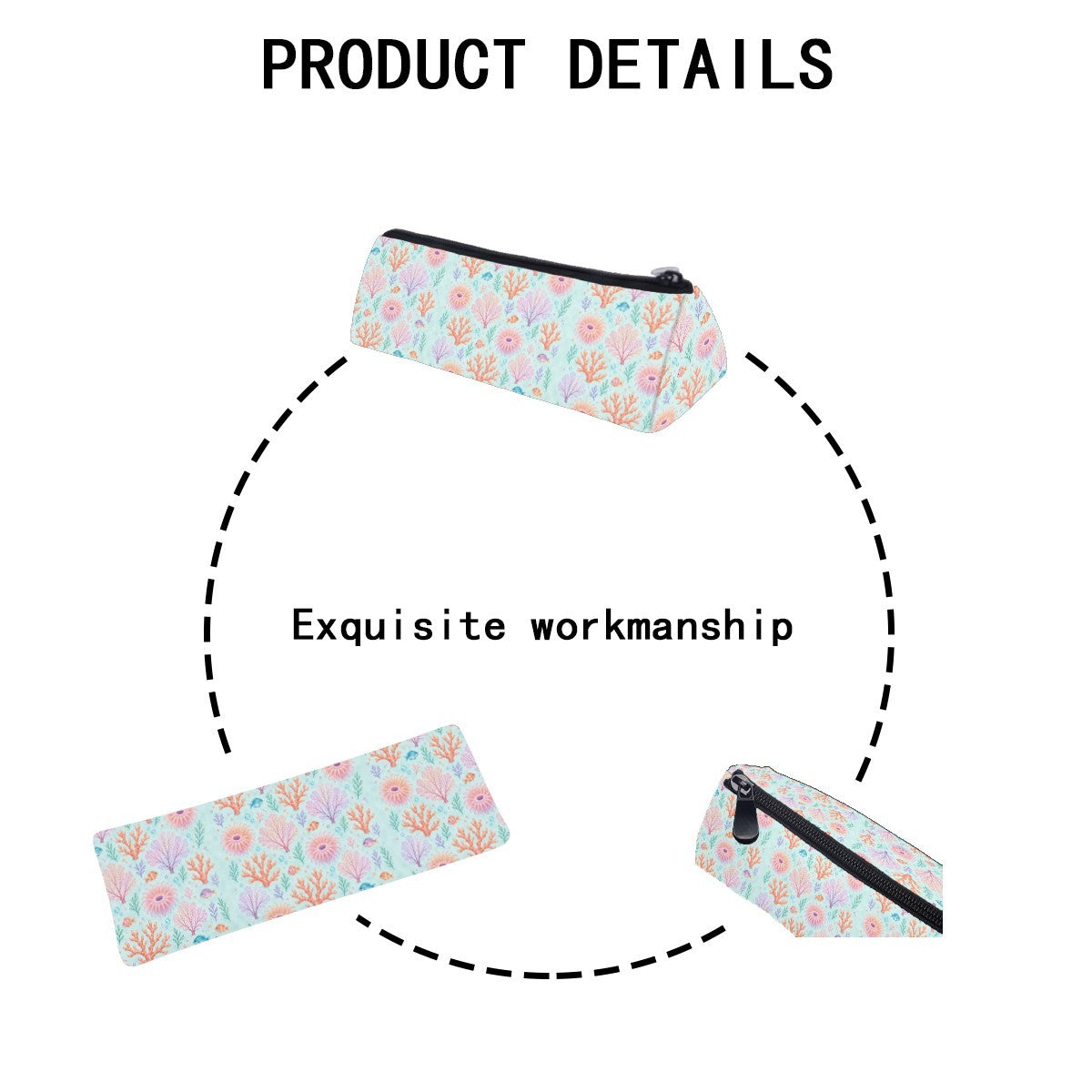 Product details diagram of the pencil case showing the zip and stitching
