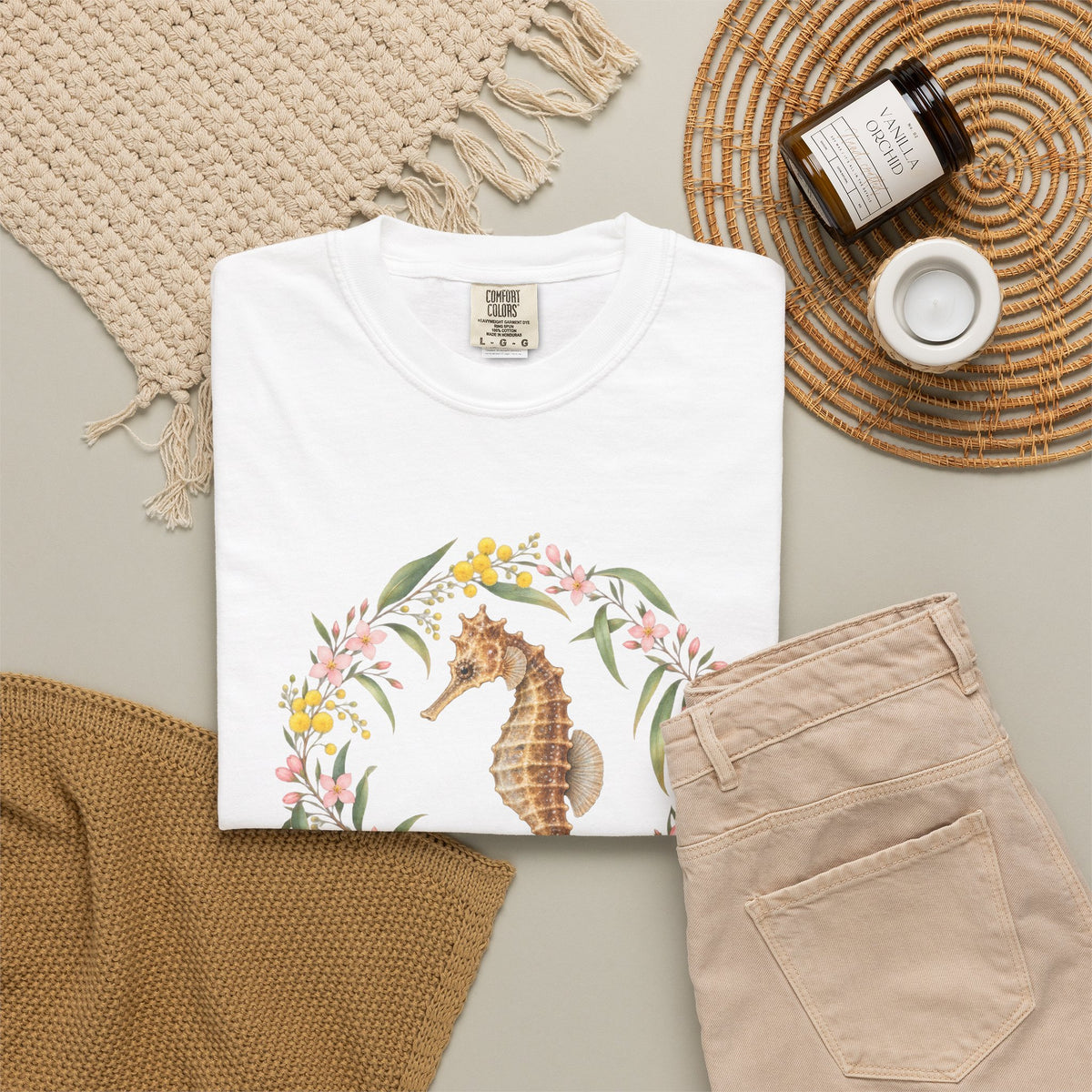 White's Seahorse T-Shirt, Wattle and Native Flower Wreath Tee