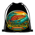 Coral trout Magnetic Island badge design on a black drawstring bag, front view.