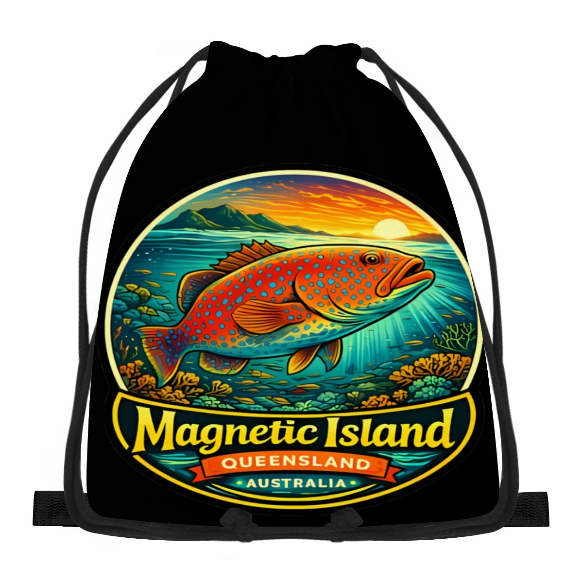 Coral trout Magnetic Island badge design on a black drawstring bag, front view.