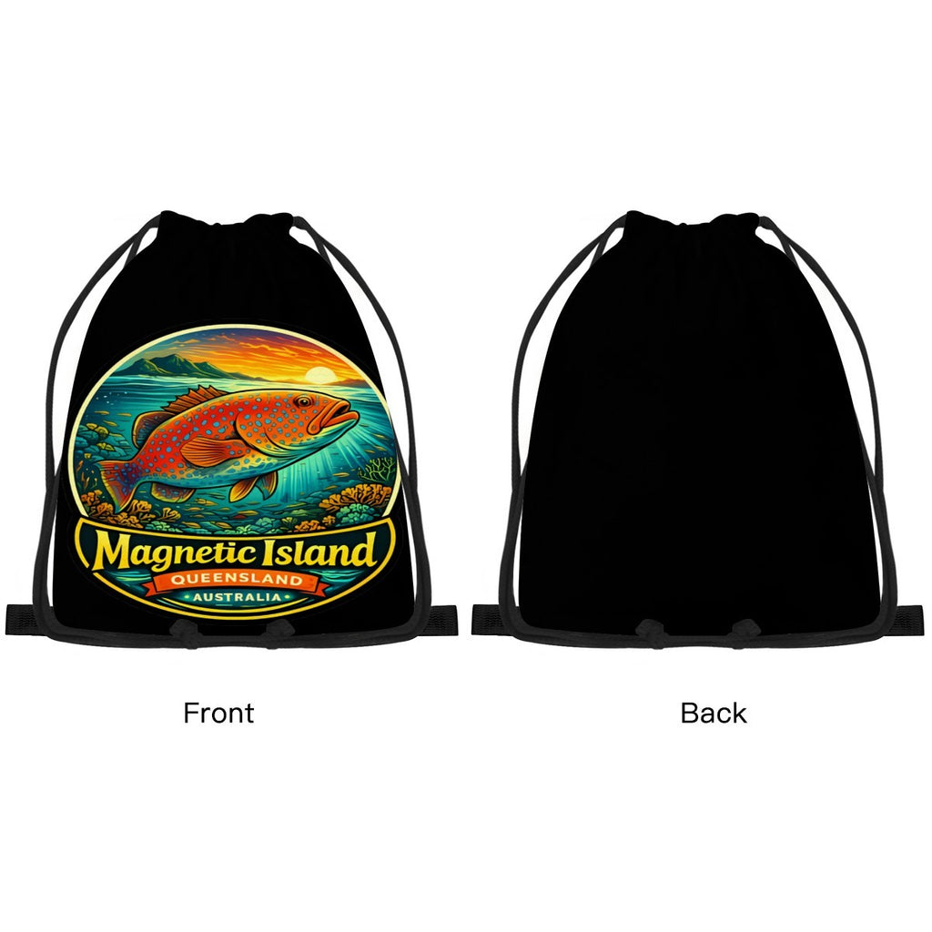 Front and back view of the coral trout Magnetic Island drawstring bag, plain black on the reverse.