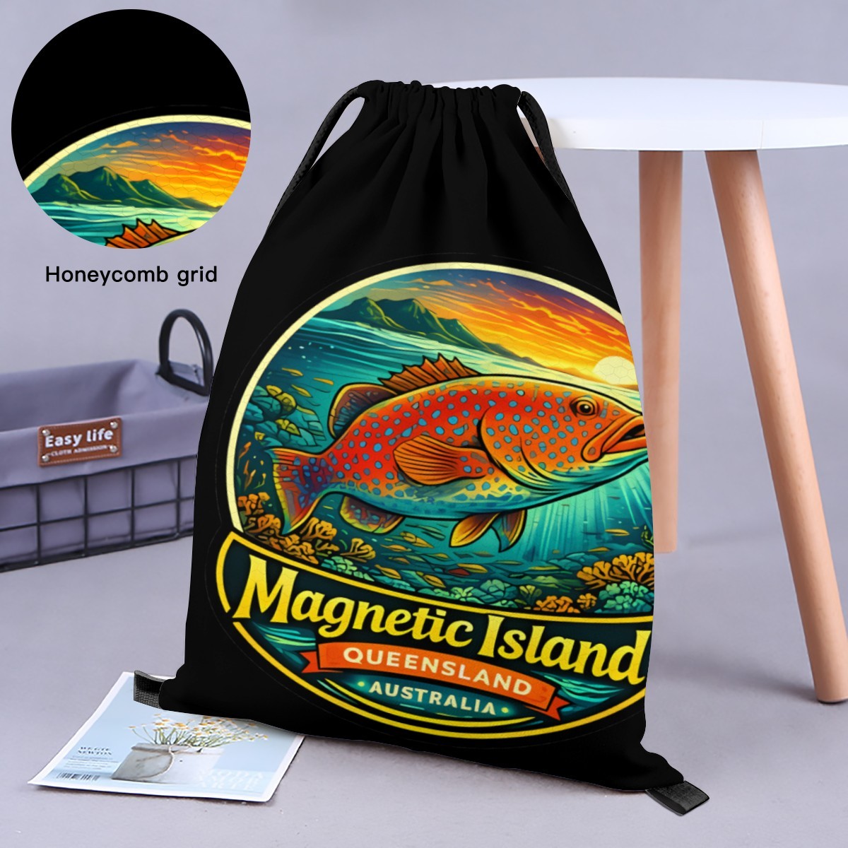 Close-up of the woven fabric texture on the coral trout Magnetic Island drawstring bag.