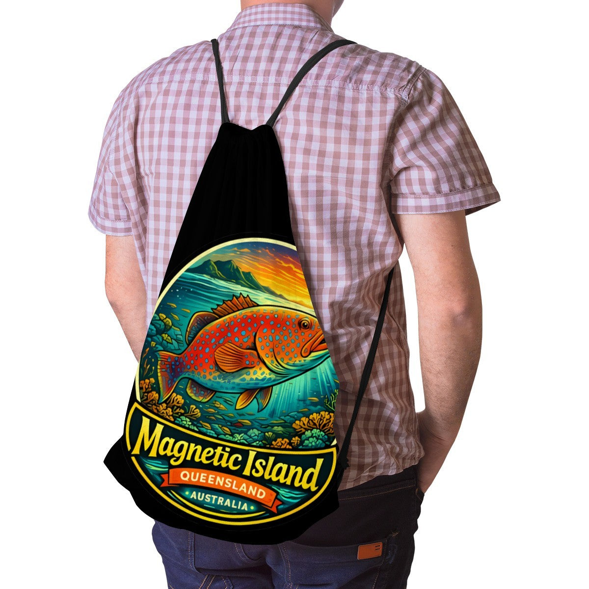 Coral trout Magnetic Island drawstring bag worn on the back, straps over both shoulders.