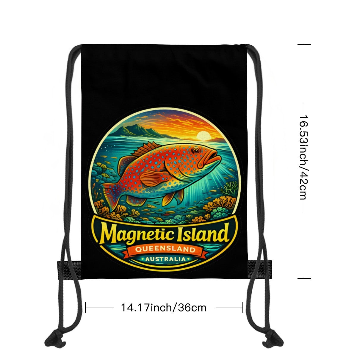Size chart for the coral trout Magnetic Island drawstring bag, 36cm wide by 42cm tall, one size.