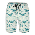 Men's swim trunks with an all-over teal watercolour print of whales, rays and small fish on cream, flat front view