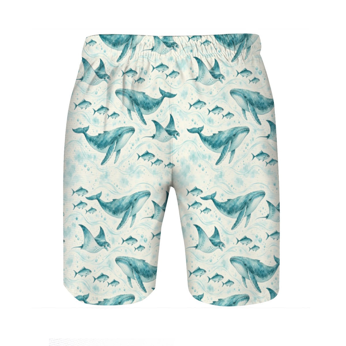 Whale and ray print swim trunks laid flat, second view showing the all-over teal watercolour pattern on cream