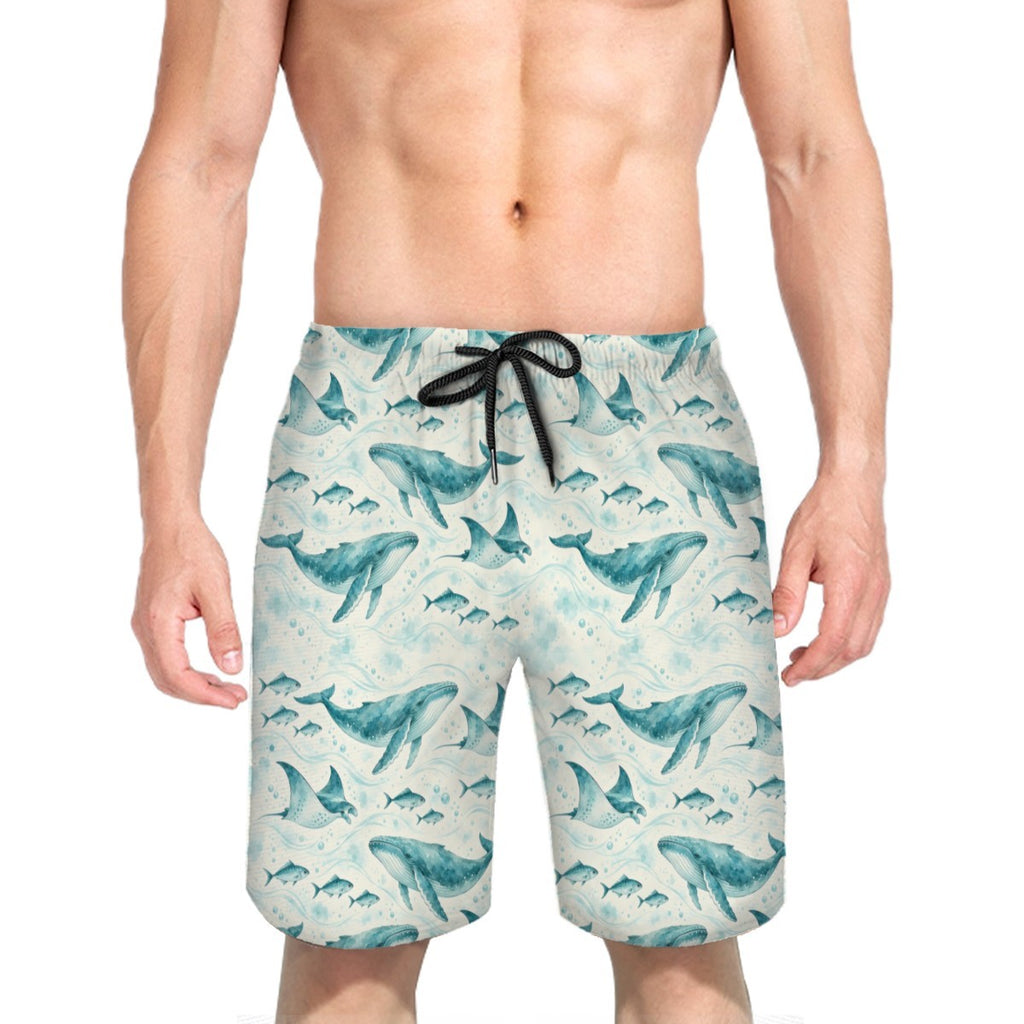 Man wearing the whale and ray print swim trunks with a black drawstring, front view, digital mockup