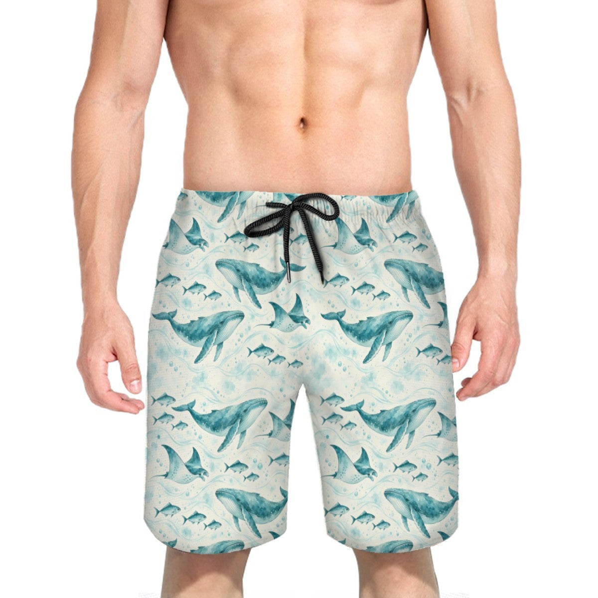 Man wearing the whale and ray print swim trunks with a black drawstring, front view, digital mockup