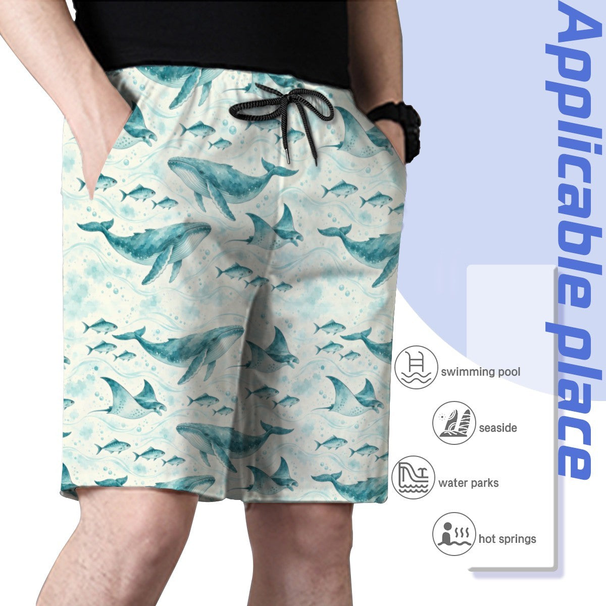 Side view of a man in the whale print swim trunks with a hand in the side pocket, digital mockup