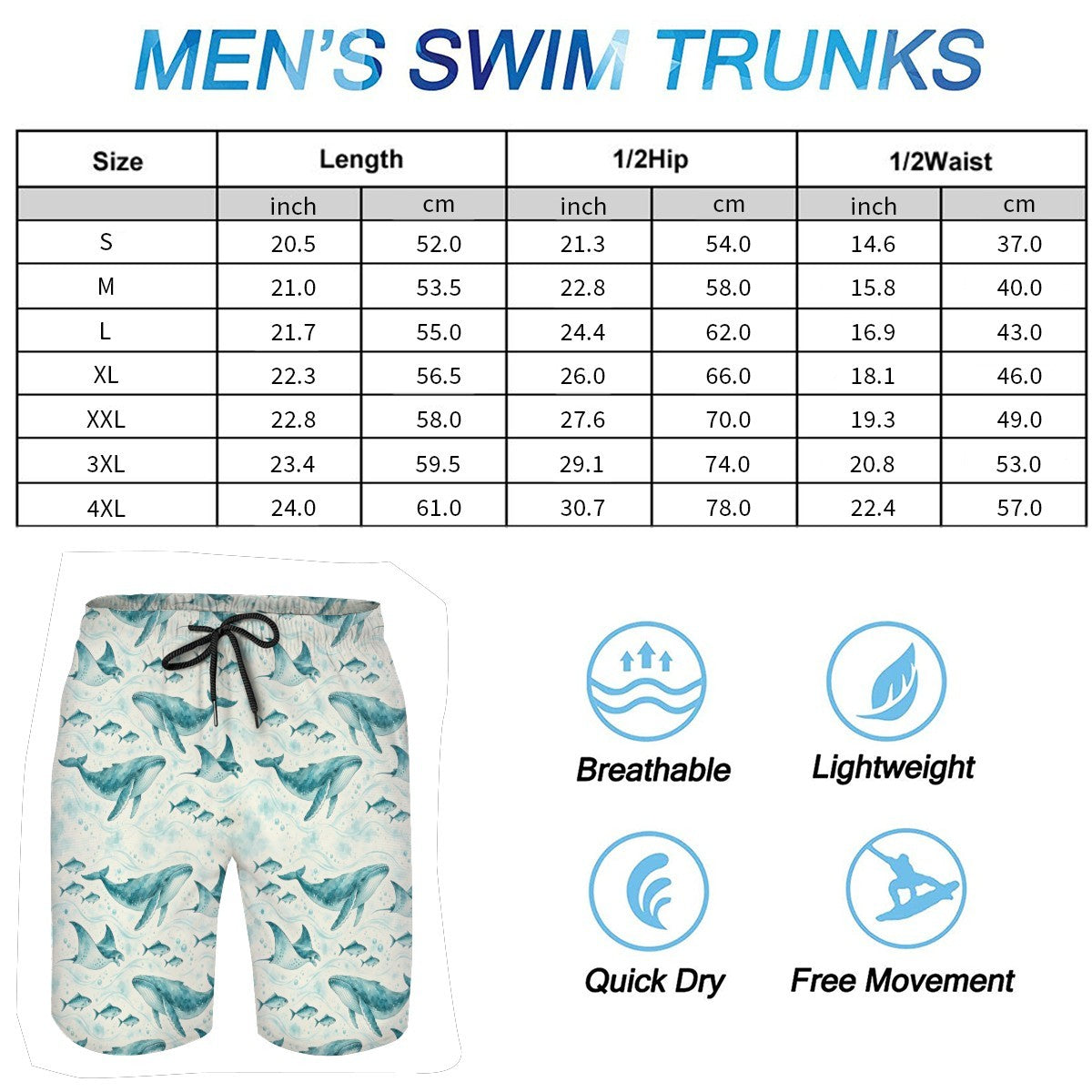 Men's swim trunks size chart in inches and centimetres, sizes S to 4XL: length, half hip and half waist