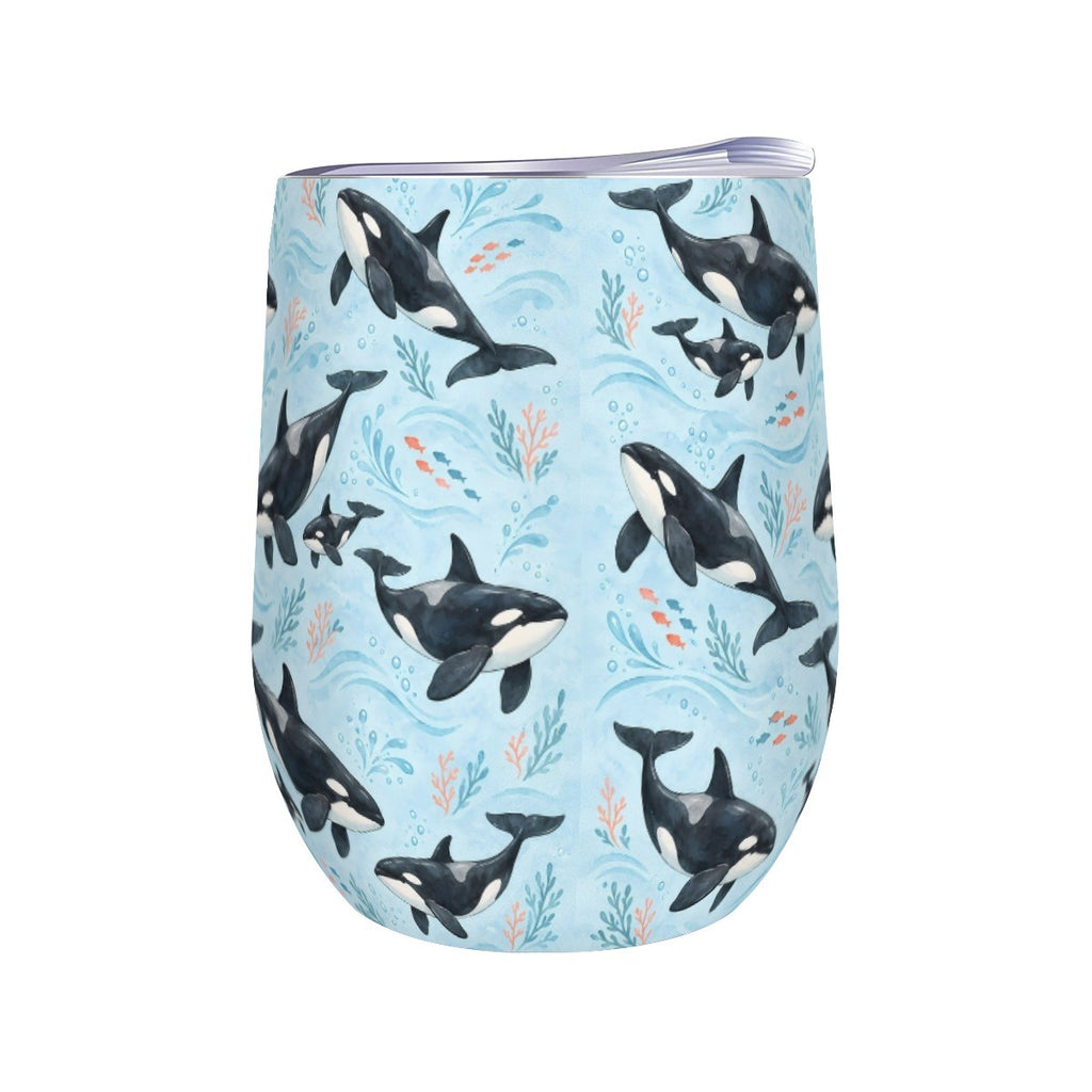 White stemless wine tumbler printed with a repeating pattern of orcas