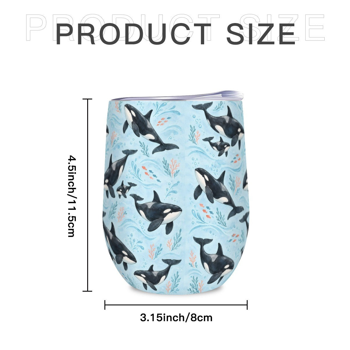 Size diagram of the orca tumbler showing its height and width