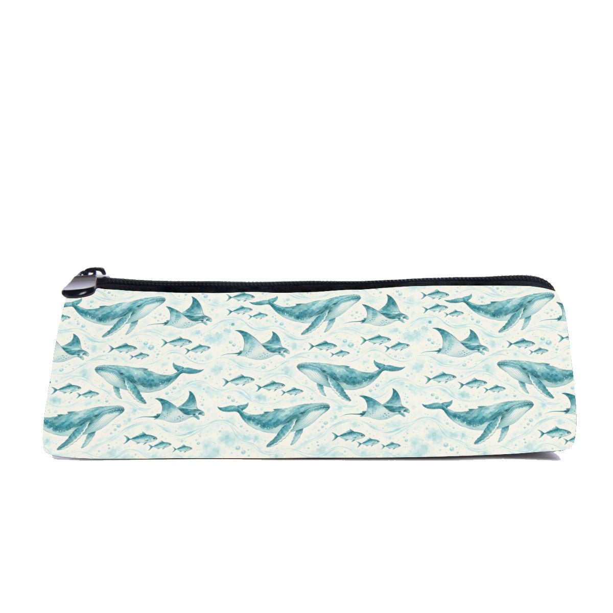 Slim zip pencil case printed with teal watercolour whales and rays on pale cream