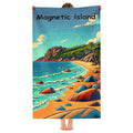 Rocky cove beach towel held up, full print shown