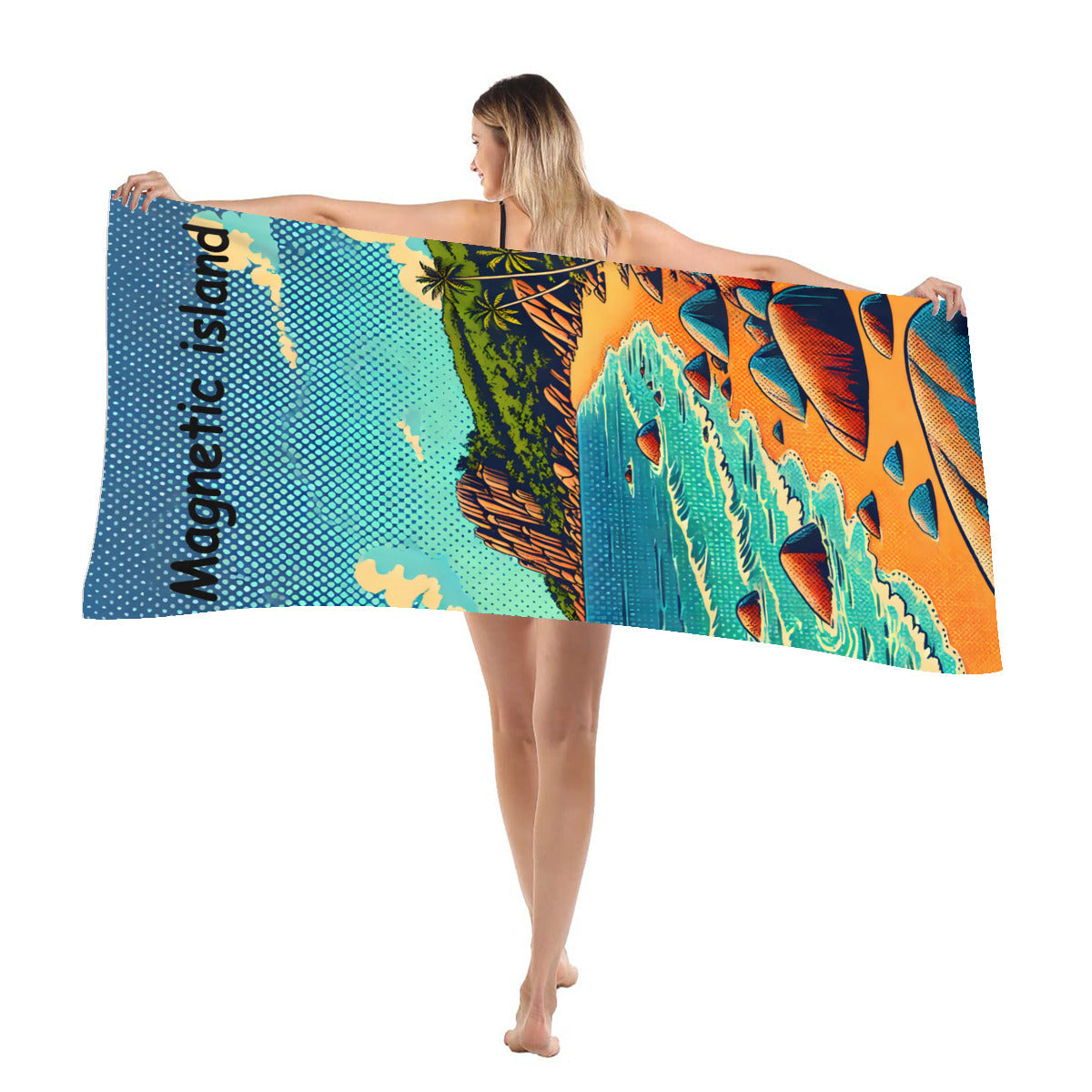 Rocky cove beach towel draped over the shoulder at the beach