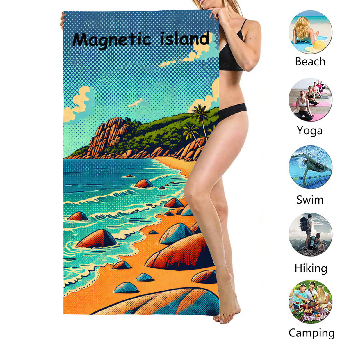 Rocky cove beach towel size shown, suited to beach, yoga, swimming, hiking and camping