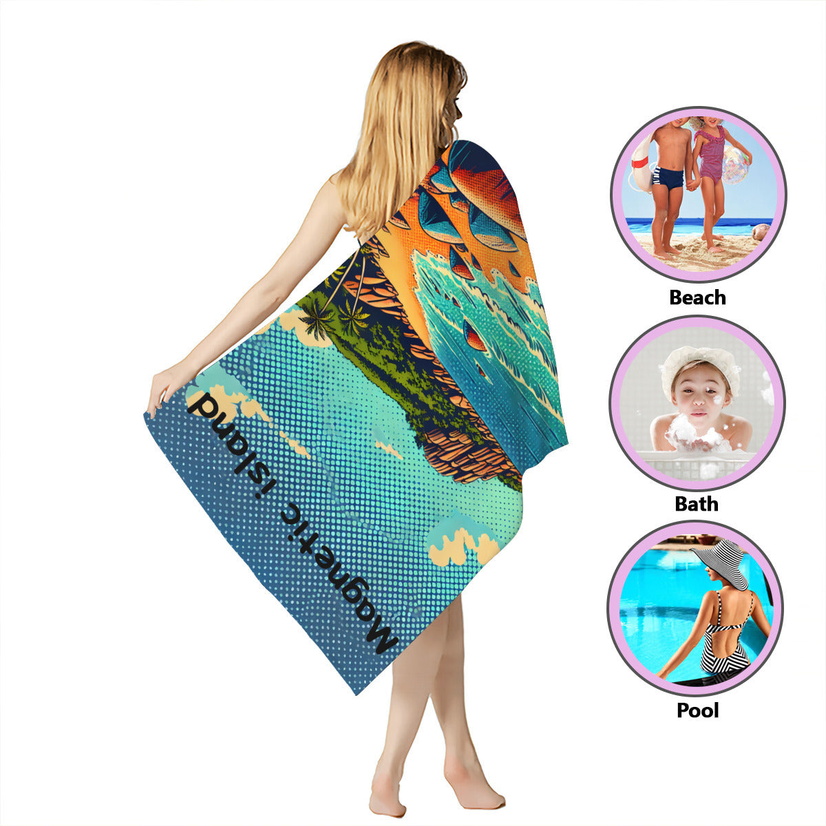 Rocky cove beach towel wrapped around the body, for beach, bath or pool