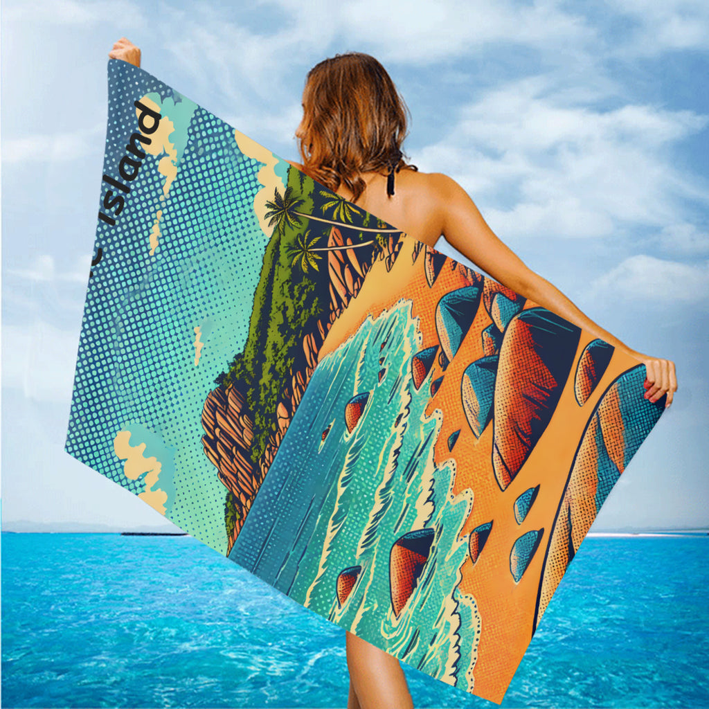 Rocky cove beach towel held up on the beach in the wind