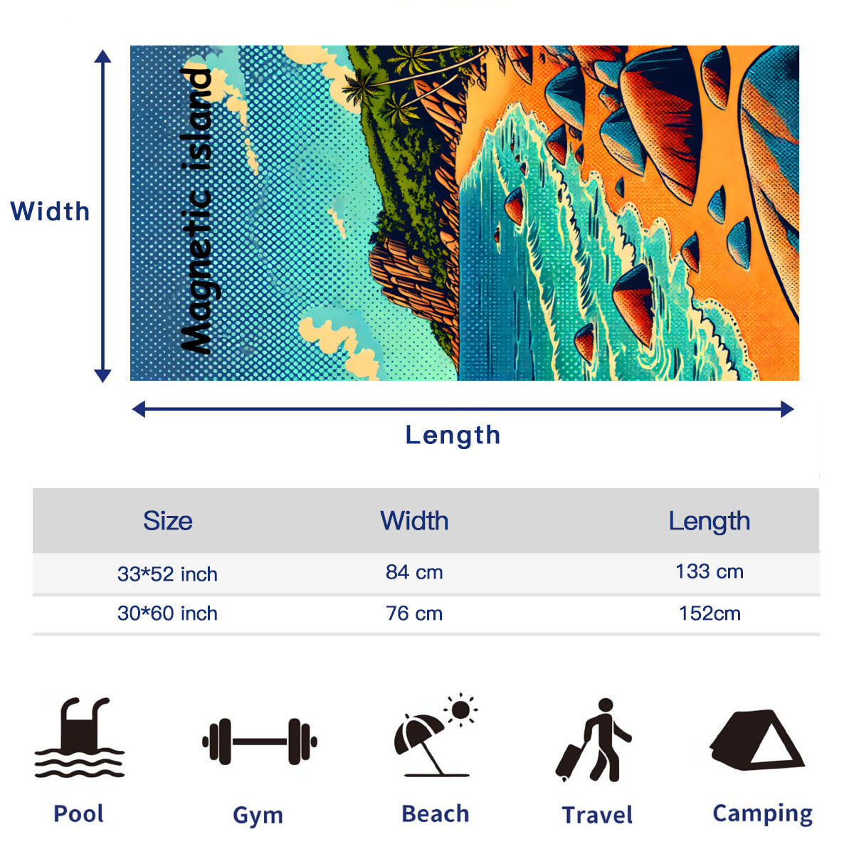 Size chart for the beach towel, 33 x 52 inch and 30 x 60 inch