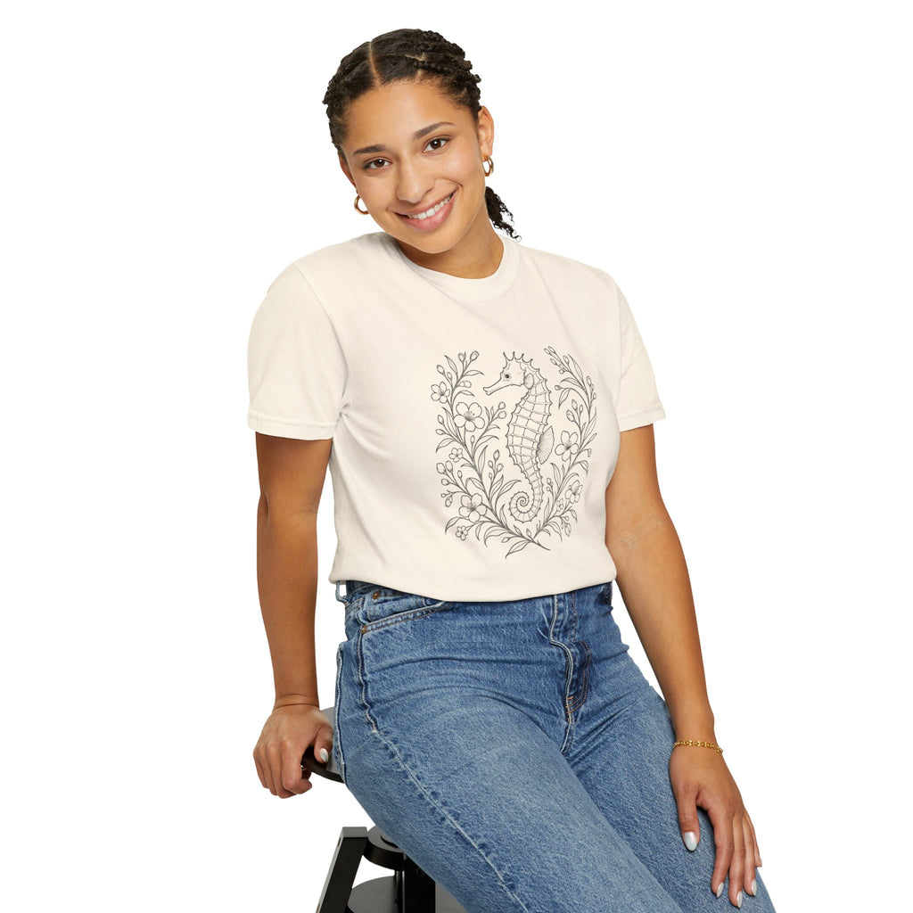 Fine Line Seahorse T-Shirt, Minimalist Botanical Seahorse Tee