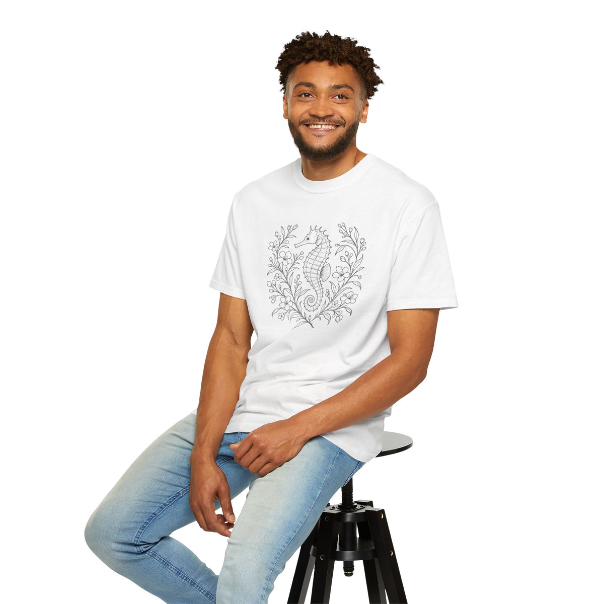 Fine Line Seahorse T-Shirt, Minimalist Botanical Seahorse Tee