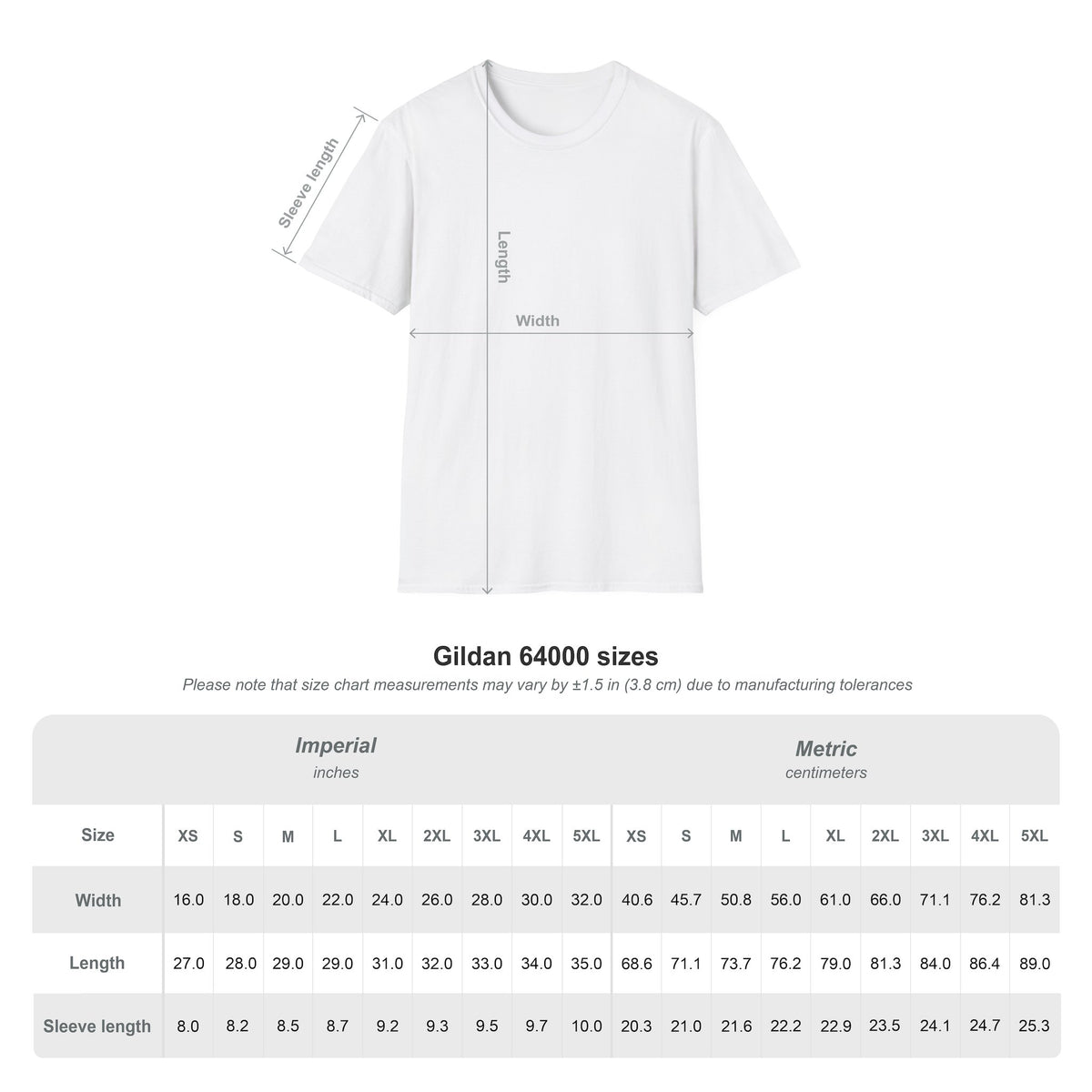 Gildan 64000 t-shirt size chart in inches and centimetres, sizes XS to 5XL