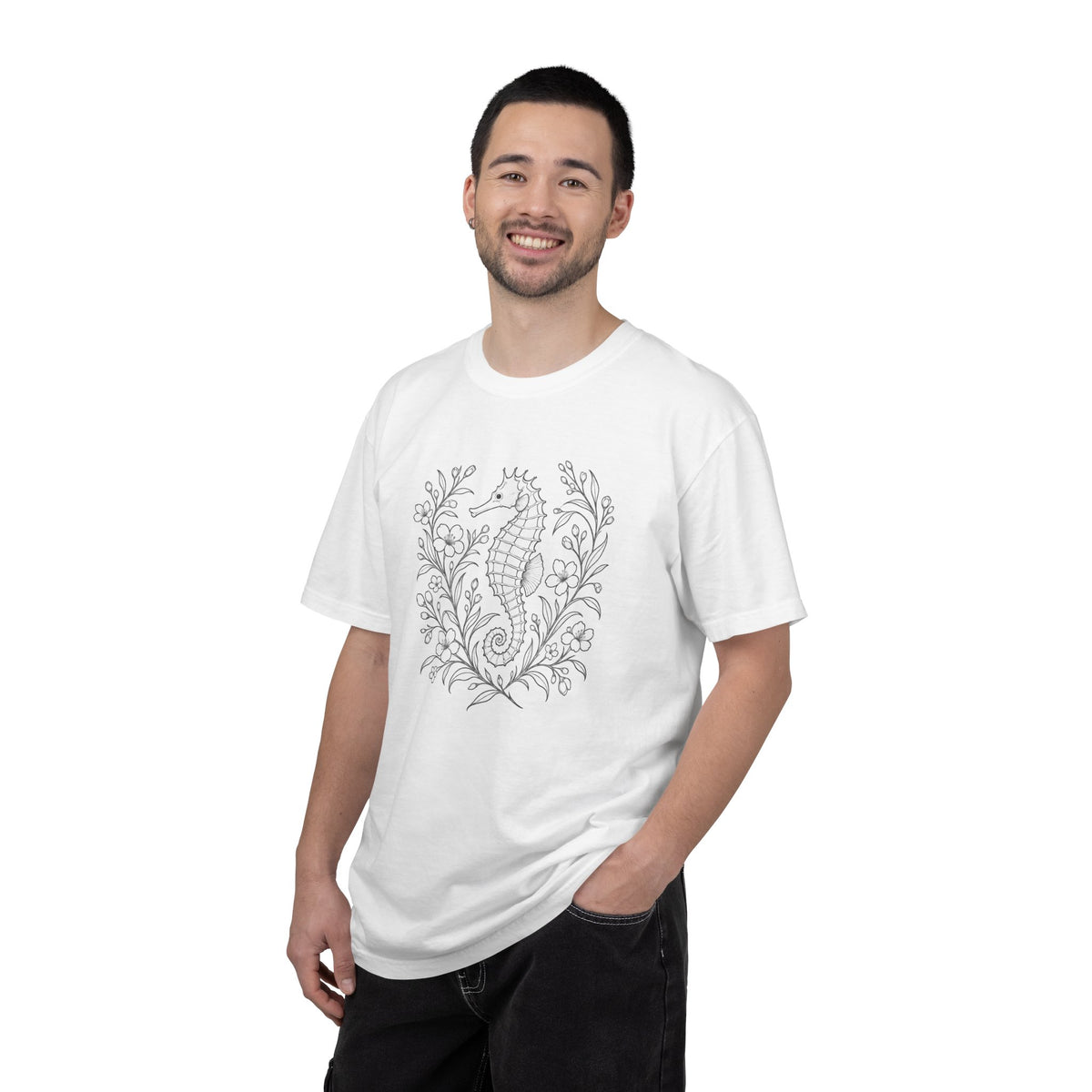 Fine Line Seahorse T-Shirt, Minimalist Botanical Seahorse Tee