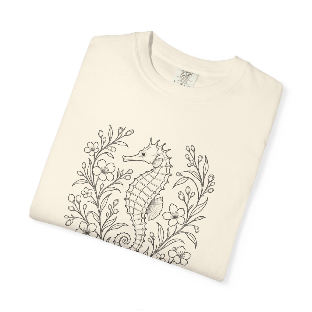 Fine Line Seahorse T-Shirt, Minimalist Botanical Seahorse Tee