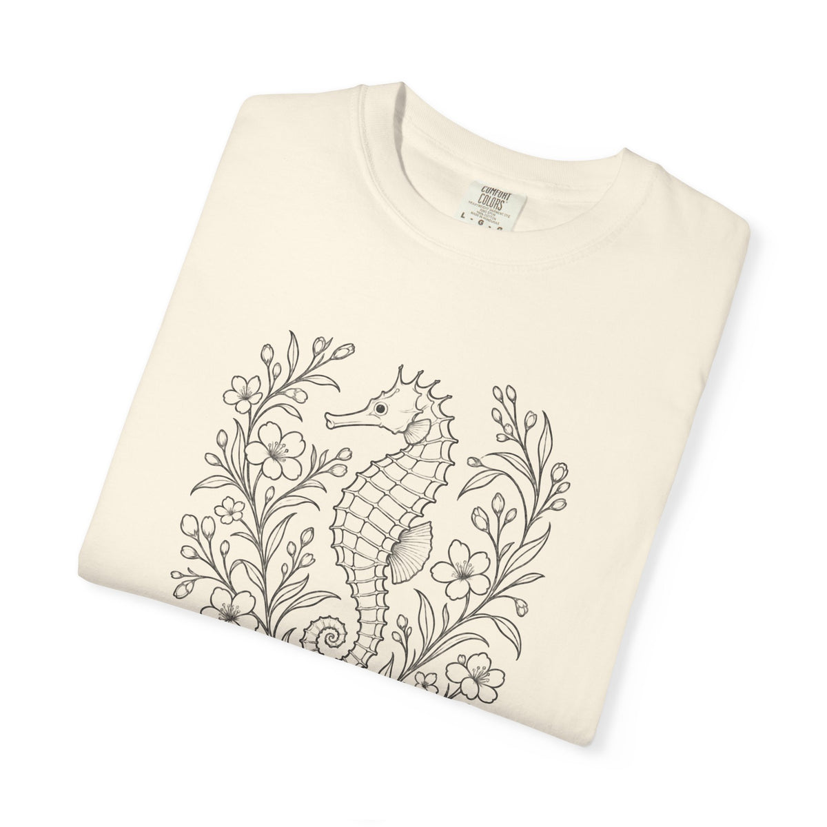 Fine Line Seahorse T-Shirt, Minimalist Botanical Seahorse Tee