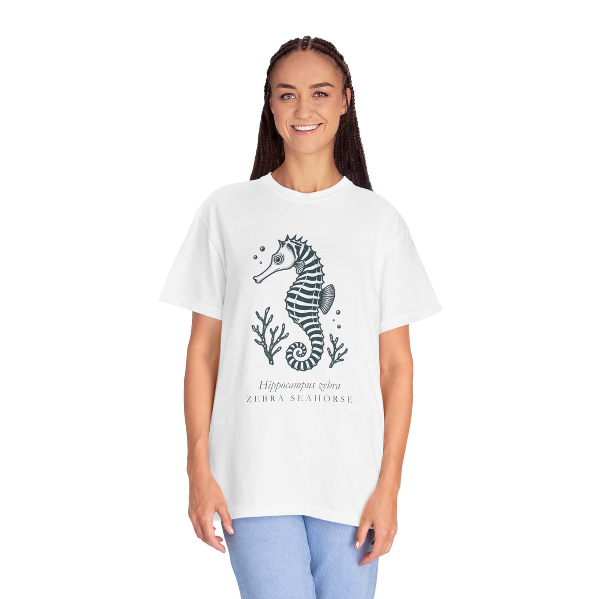 Zebra Seahorse T-Shirt, Teal Linocut Seahorse Tee