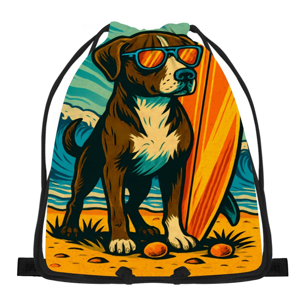 Surf dog design on a drawstring bag, front view.