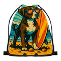 Surf dog design on a drawstring bag, front view.