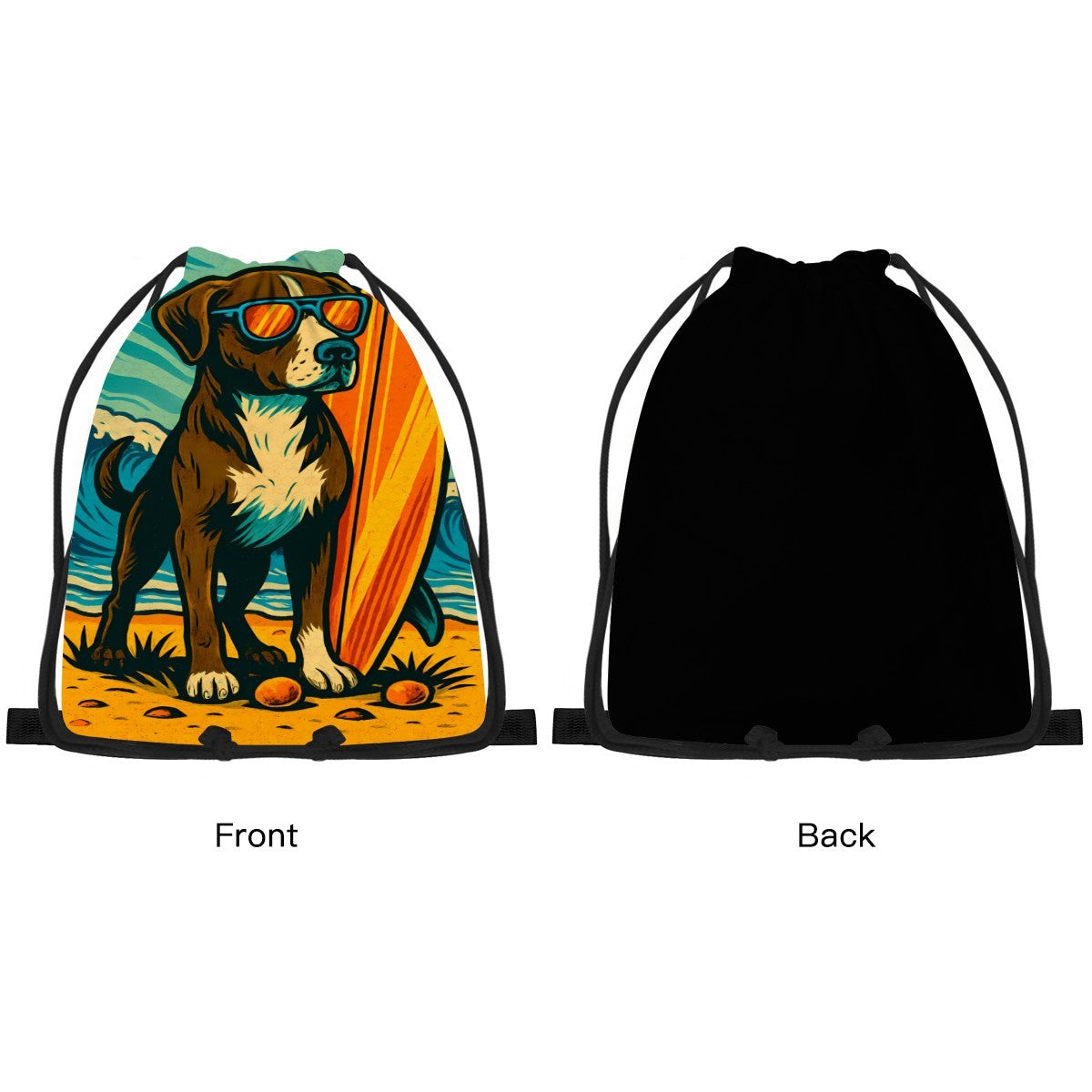 Front and back view of the surf dog drawstring bag, plain black on the reverse.