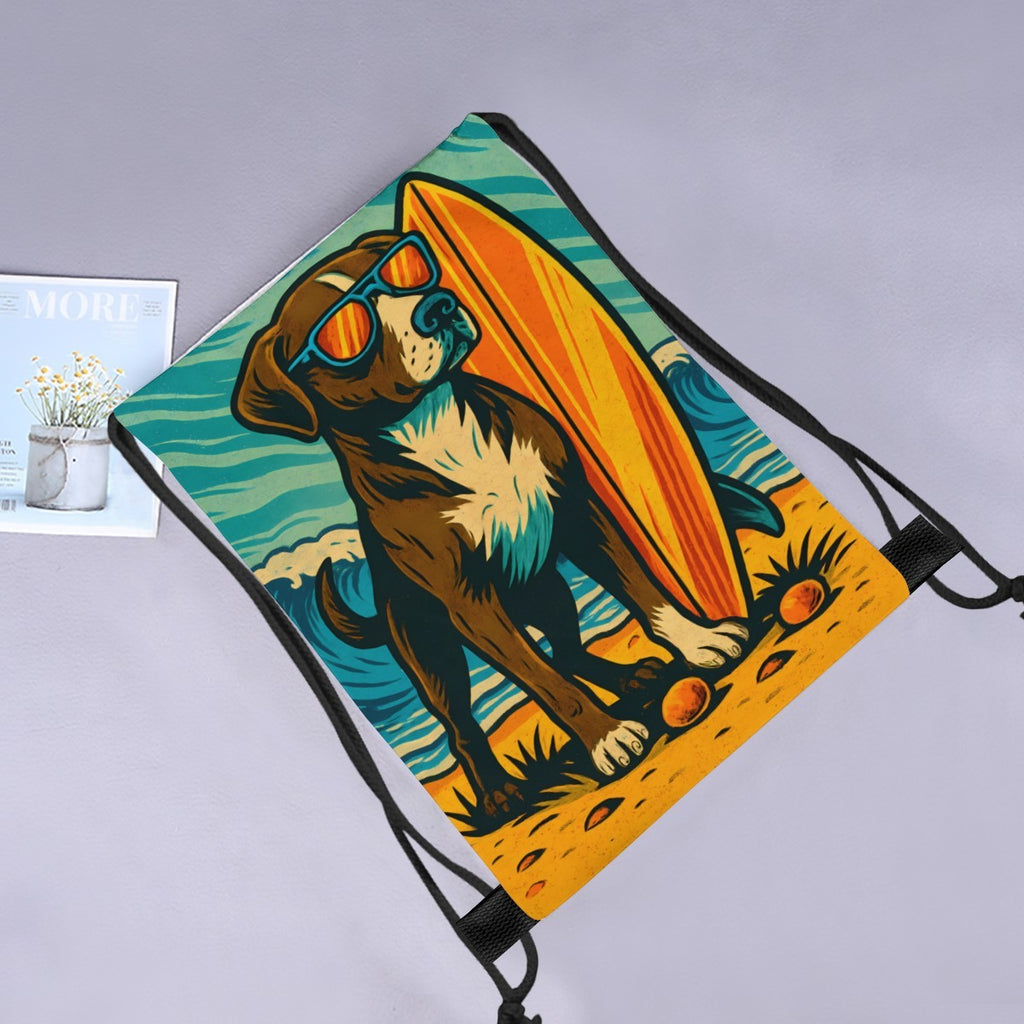 Surf dog drawstring bag laid flat next to a magazine and flowers.
