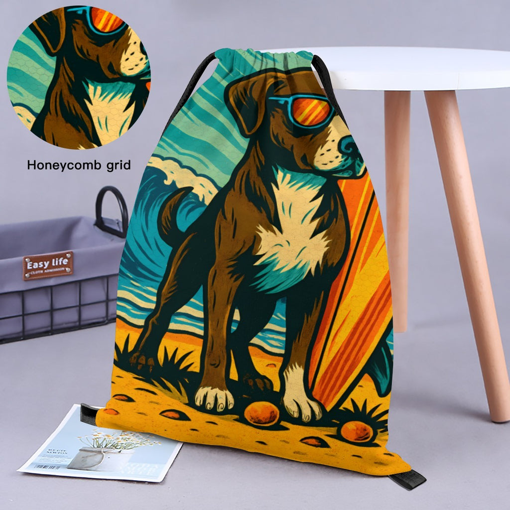 Close-up of the woven fabric texture on the surf dog drawstring bag.
