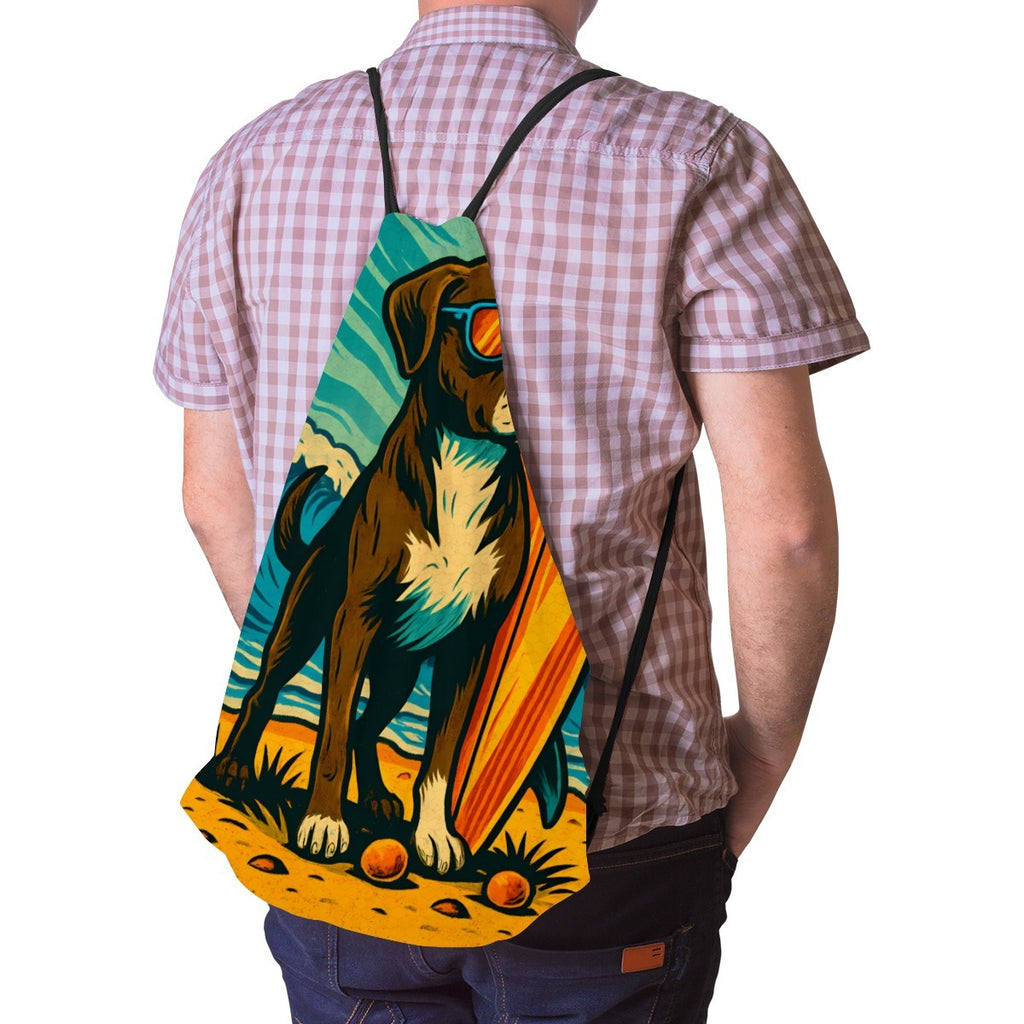Surf dog drawstring bag worn on the back, straps over both shoulders.