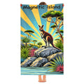 Kangaroo beach towel held up, full print shown