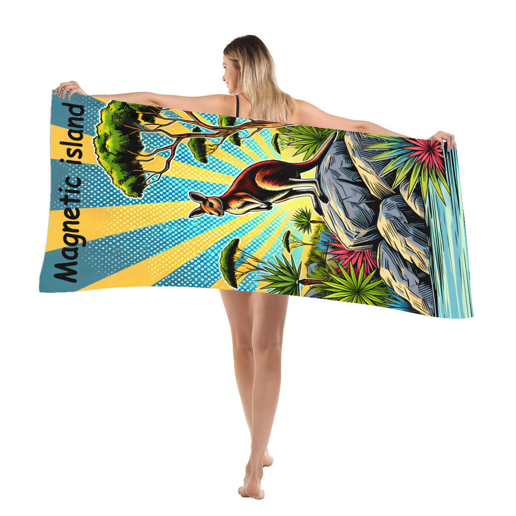 Kangaroo beach towel draped over the shoulder at the beach