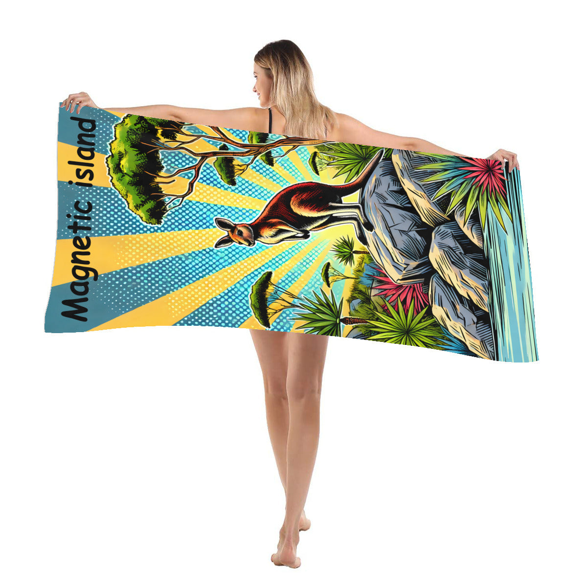 Kangaroo beach towel draped over the shoulder at the beach